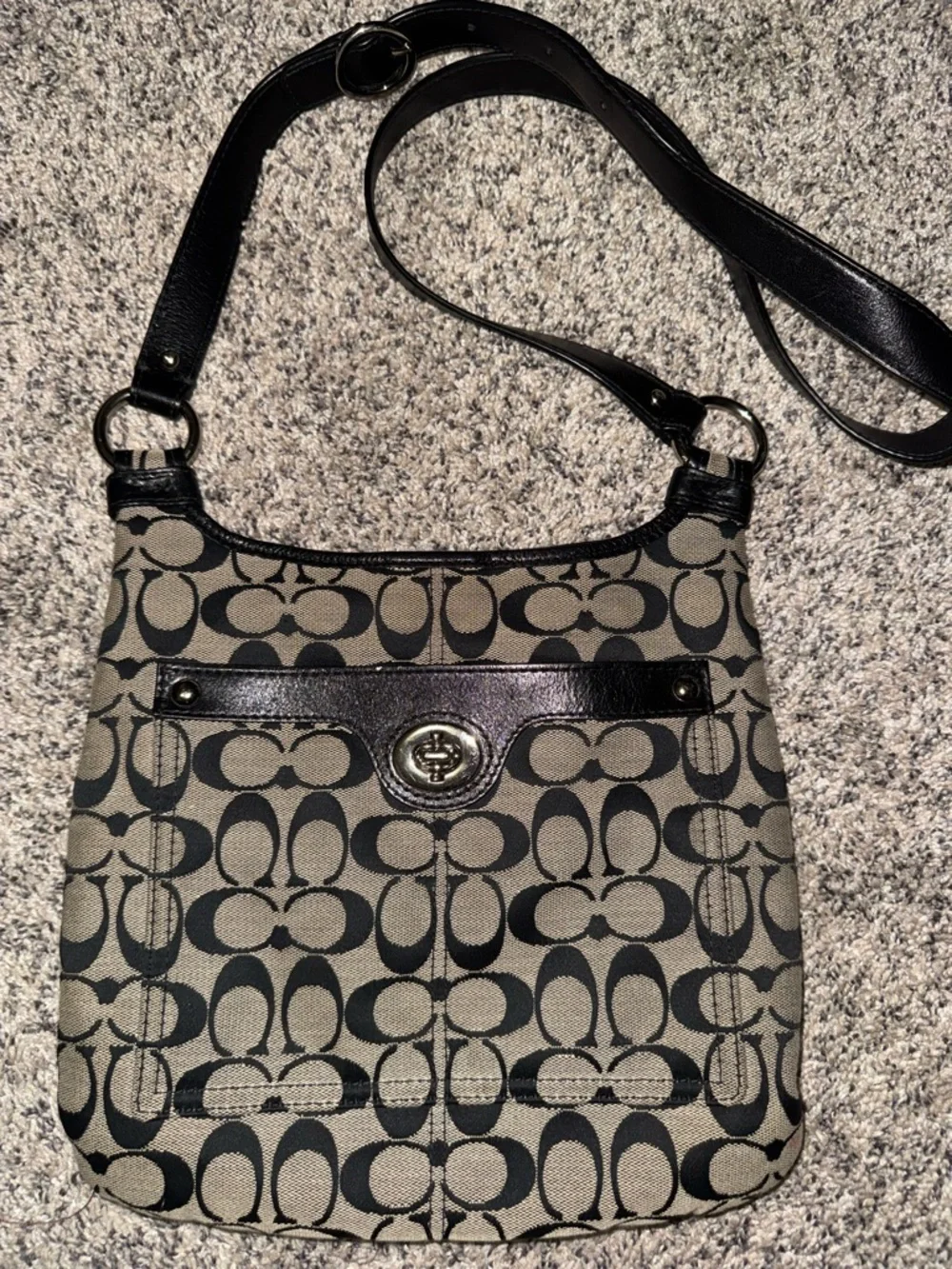 Coach Signature Canvas Crossbody Bag Black Gray Turnlock Flap Purse - Picture 1 of 7